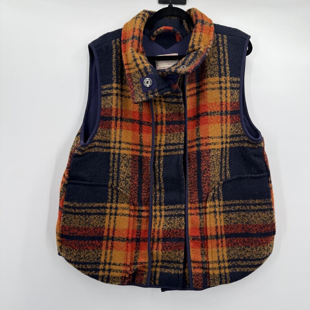 Free People Wrapped up‎ Blanket Vest Womens Small Navy Orange Gold Plaid Wool